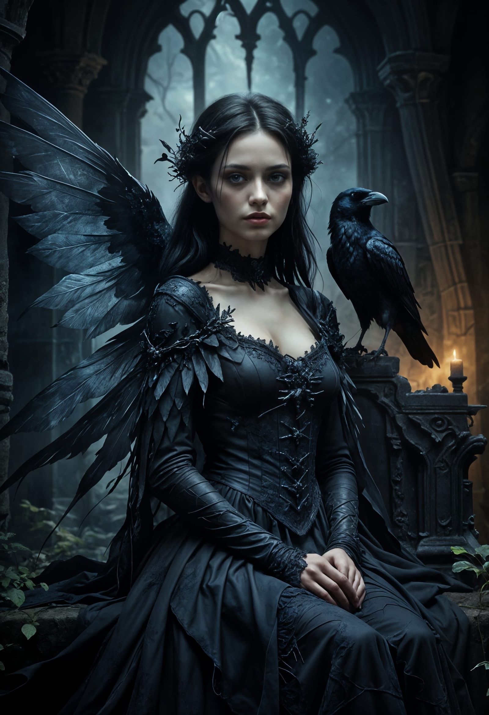 Gothic Fairy with Raven in Dark Castle