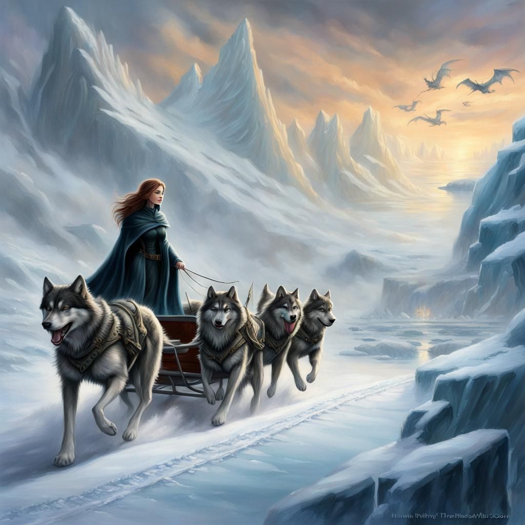 A female sorceress is drivning a dog sleigh drawn by 8 wolfes .