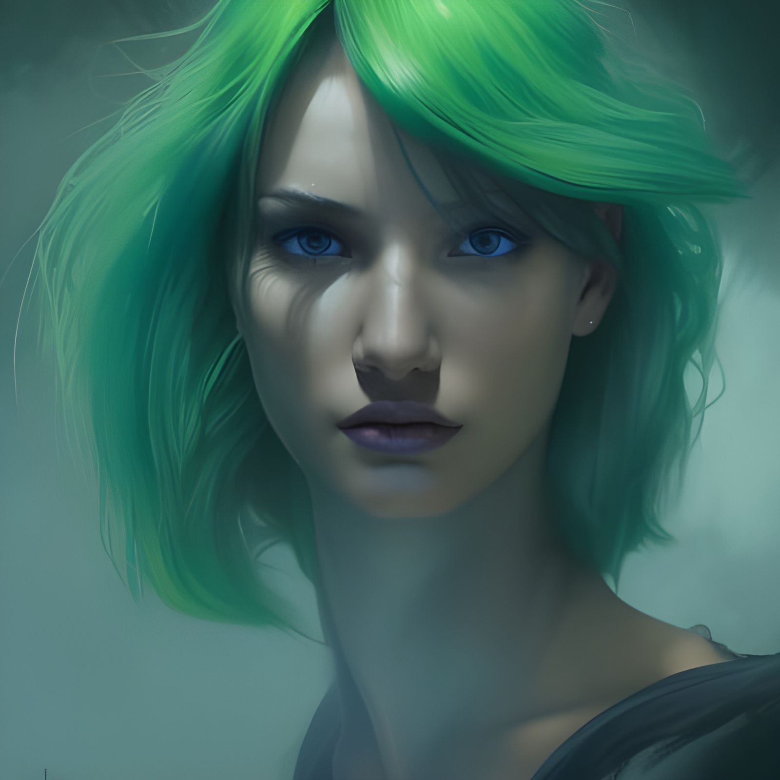 Green-Haired Valorant Character Portrait in Foggy Forest