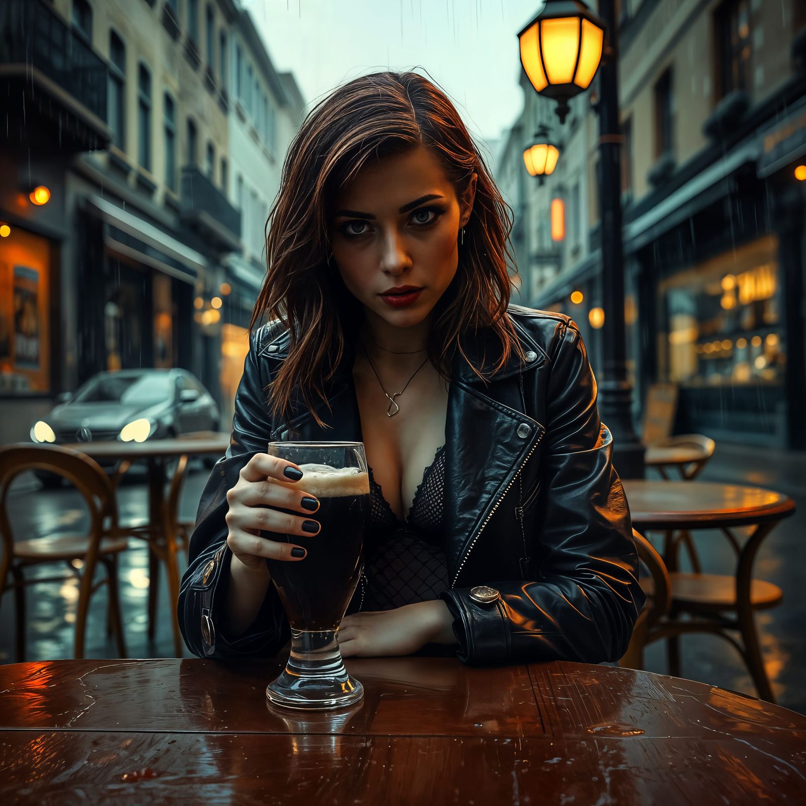 Rainy Pub Scene: Woman with Dark Beer in Noir Style