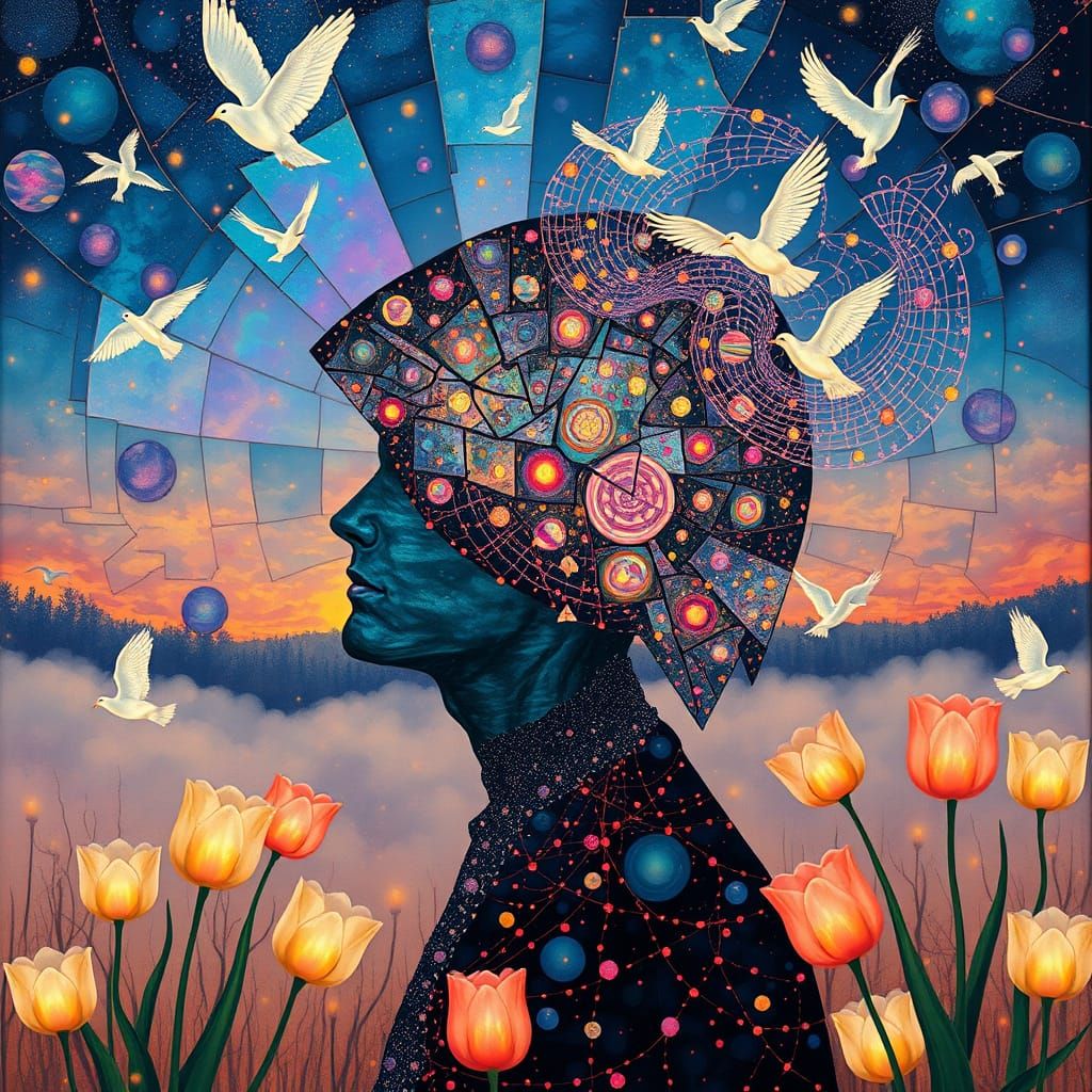 Opal Man and Tulips: Whimsical Dreamscape in Ethereal Light