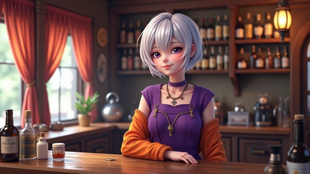 Tavern Keeper with Vibrant Attire in Stylized Realism