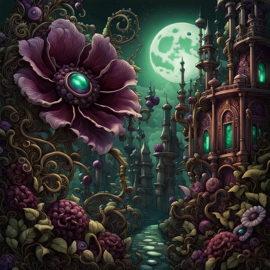 Steampunk Flower Garden at Night in Deep Color