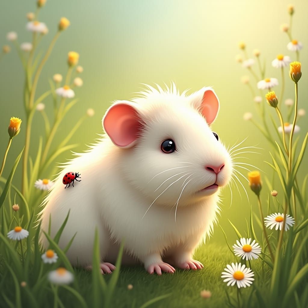 Fluffy Guinea Pig with Ladybug in Impressionistic Field