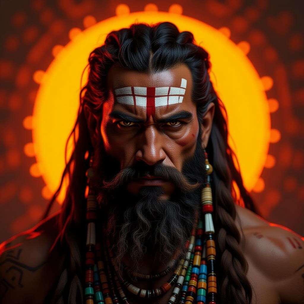 Tribal Man Illuminated by Orange Glow, Ancient Tech Fusion