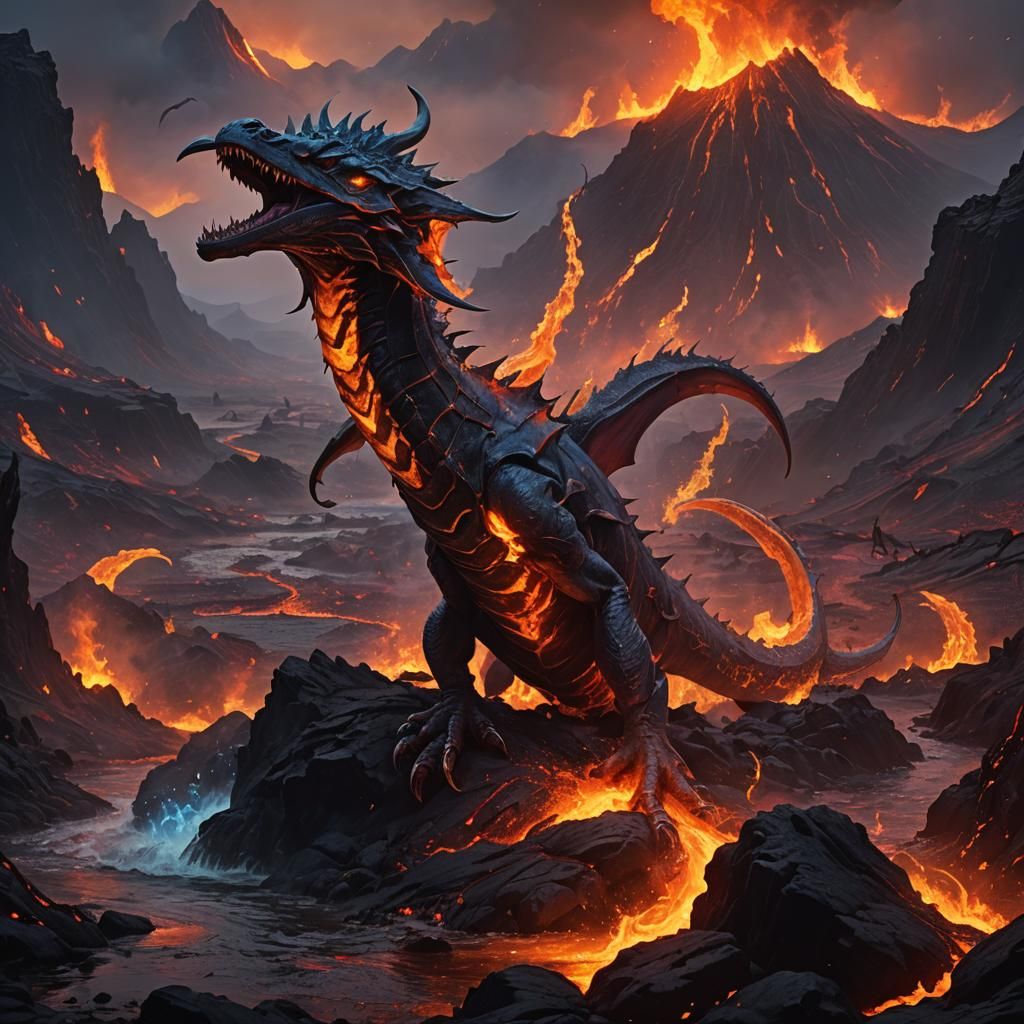 Devil with Scorpion and Dolphin Tail in Lava Landscape