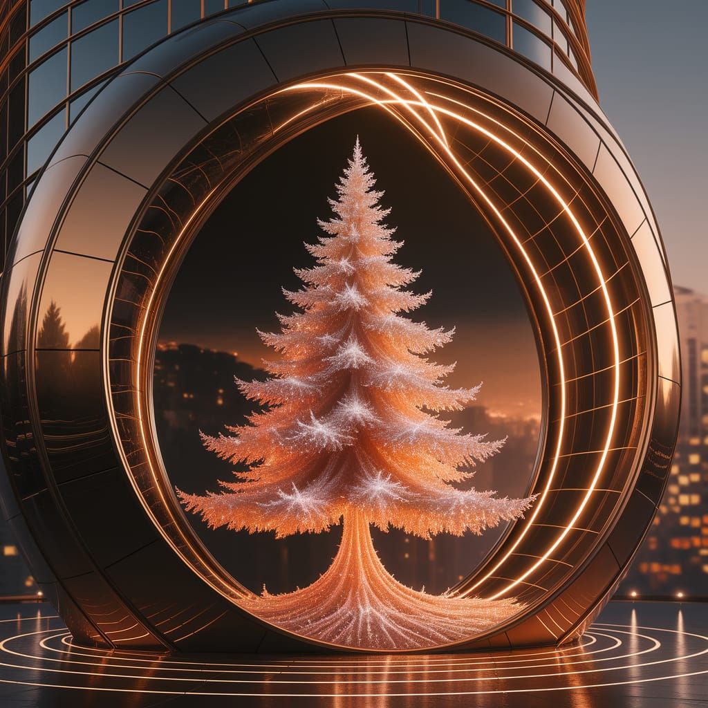 Quantum Fir Tree Sculpture in Futuristic Building