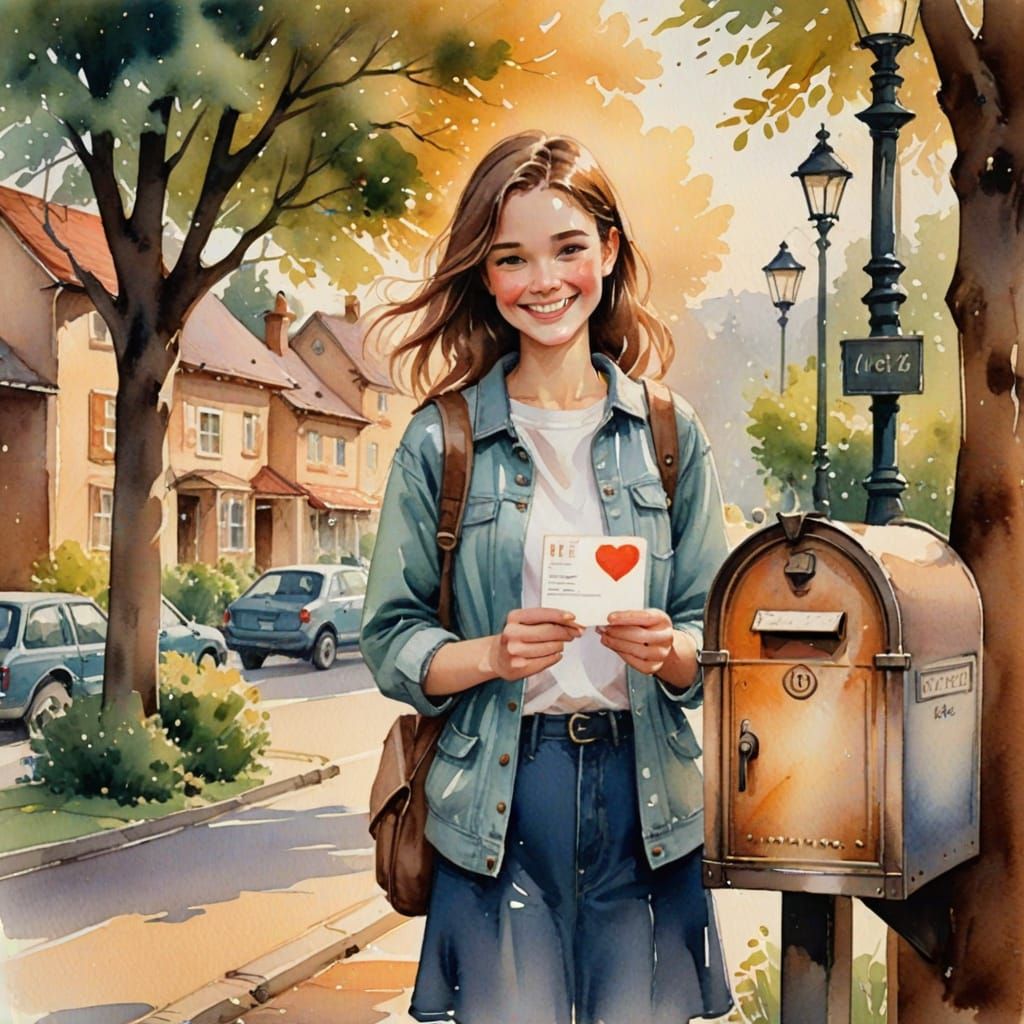 Smiling Girl with Valentine Card: Watercolor Painting