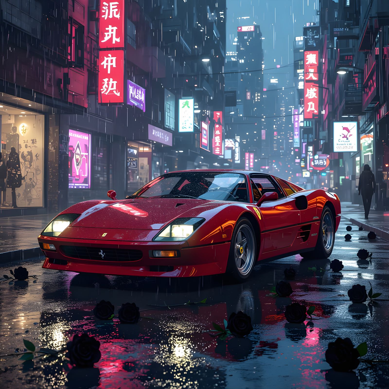 Cyberpunk City Street with Black Roses and Ferrari