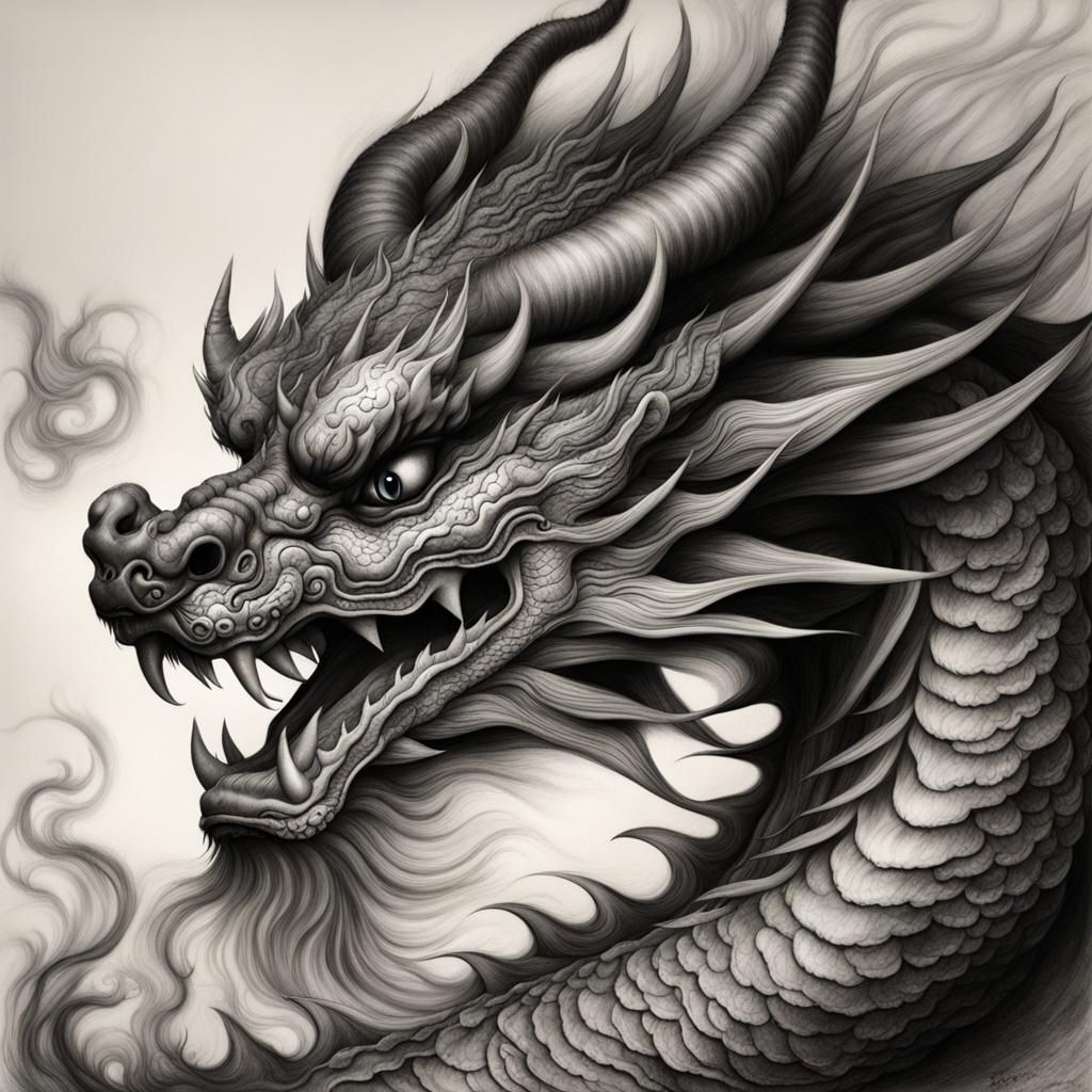 Fierce Dragon in Korean Style Charcoal Drawing