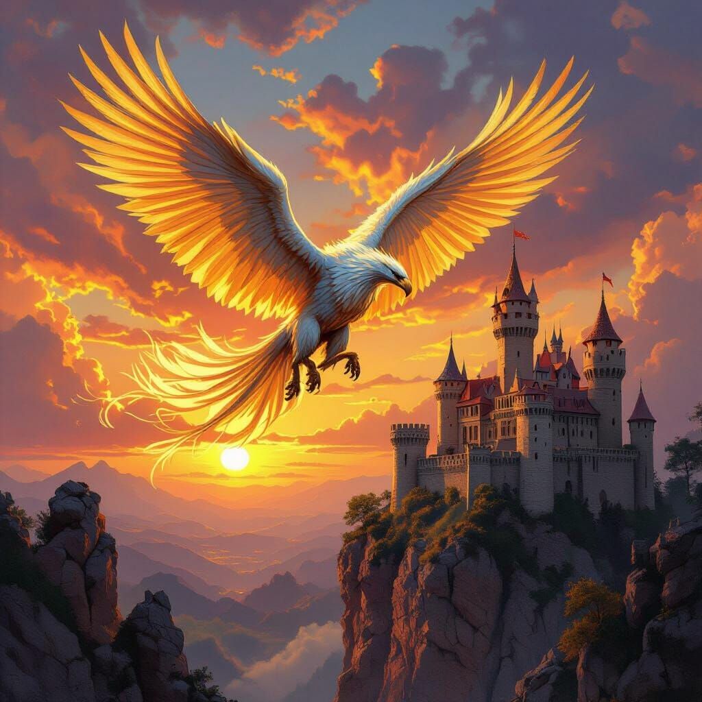 Griffin Soaring Above Medieval Castle at Sunset