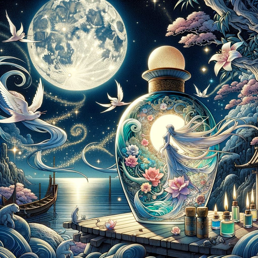 Surreal Ukiyo-e Scene of Lunar Bloom Elixir in an Ethereal B...