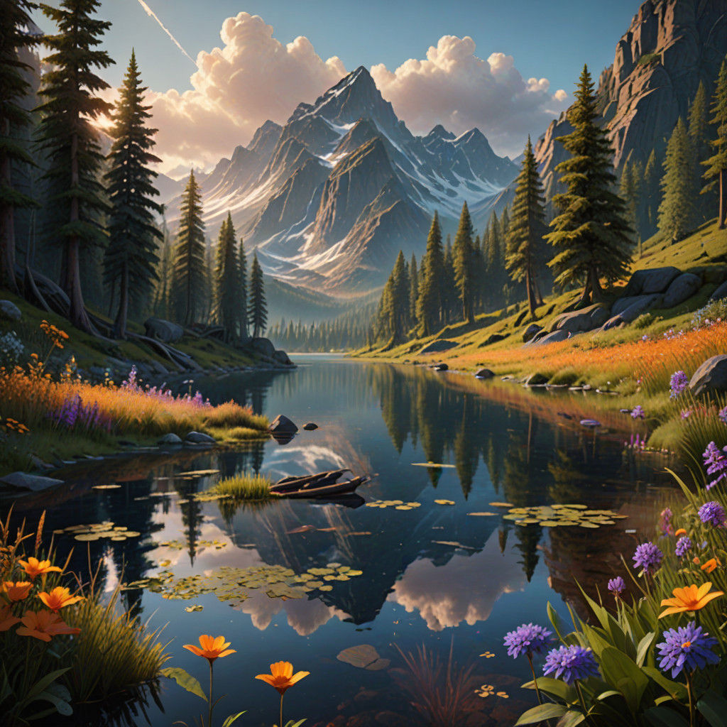 Ethereal Serenade: Majestic Lake and Mountain Landscape
