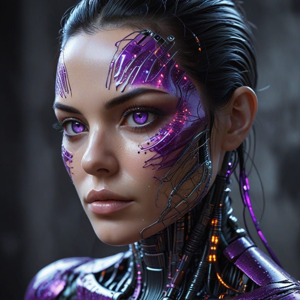Hyperrealistic Android Portrait in Vibrant Purple