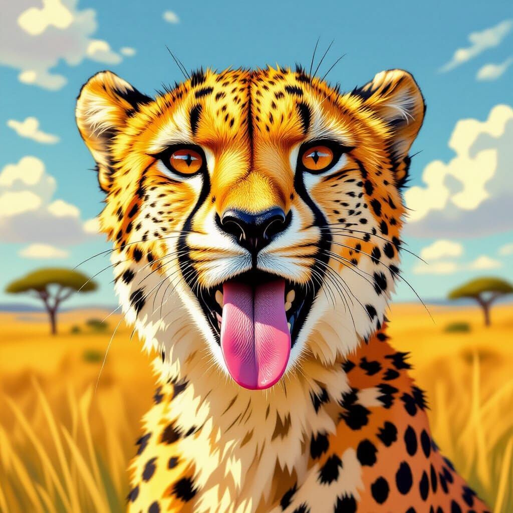 Playful Cheetah with Tongue Out in Digital Painting Style