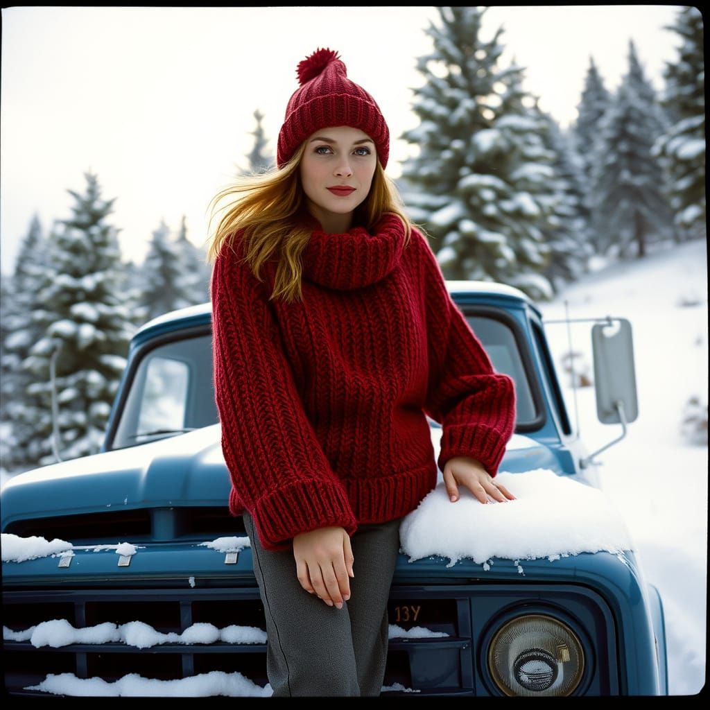 Woman on Vintage Truck in Snowy Winter Landscape