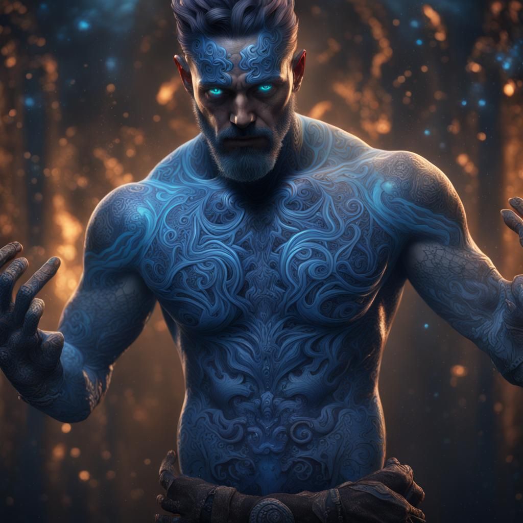 Man Covered in Glowing Blue Tattoos: Fantasy Concept Art