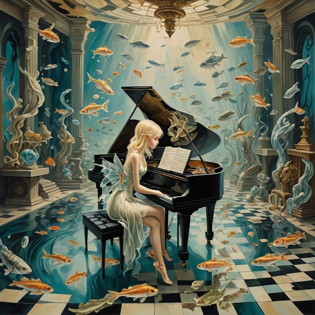Surreal Aquarium: Fairy at Piano, Dali-esque Oil Painting