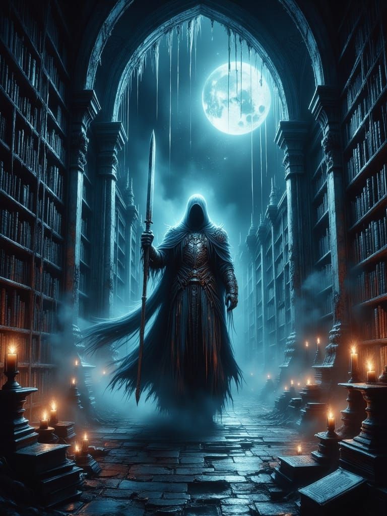 Spectral Knight Guards Ancient Library in Gothic Horror Styl...