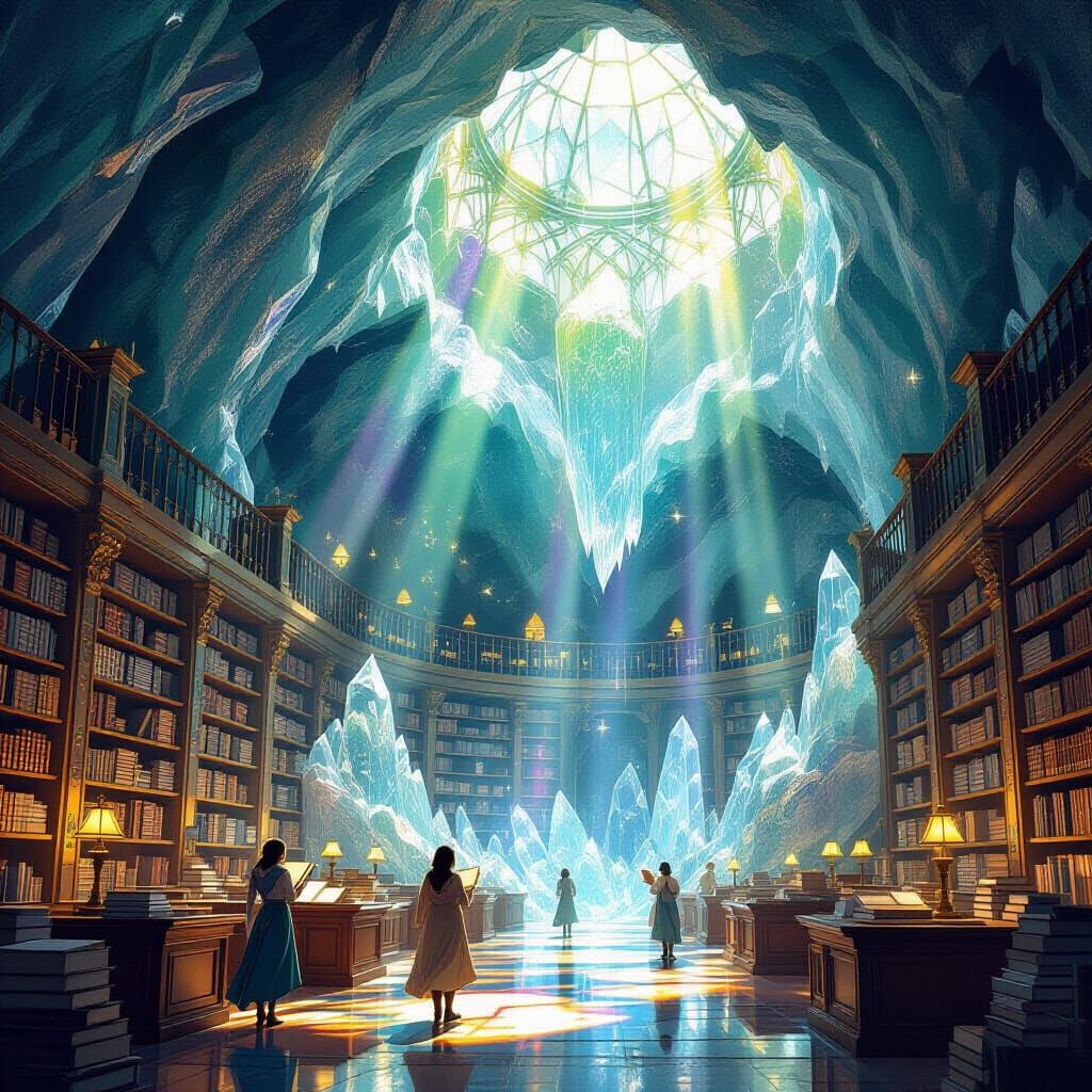 Ancient Crystal Geode Library With Glowing Tomes