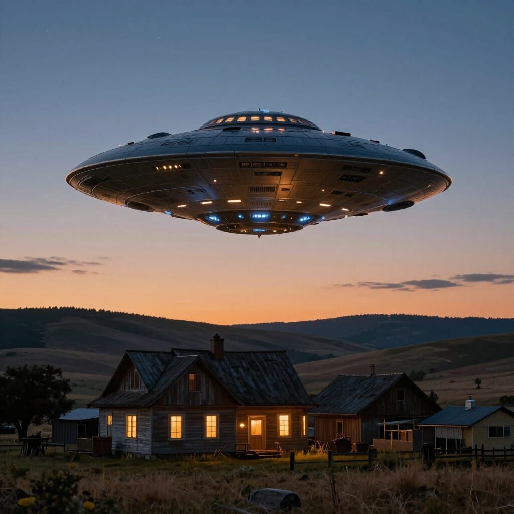 Hyper Realistic UFO Over Farmhouse at Dusk