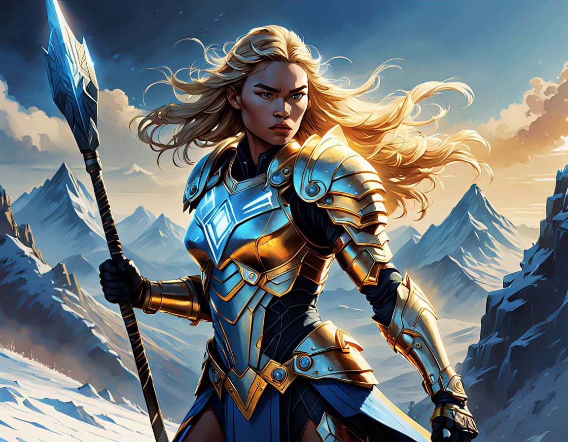 Valkyrie Warrior on Mountain Peak in Comic Art Style