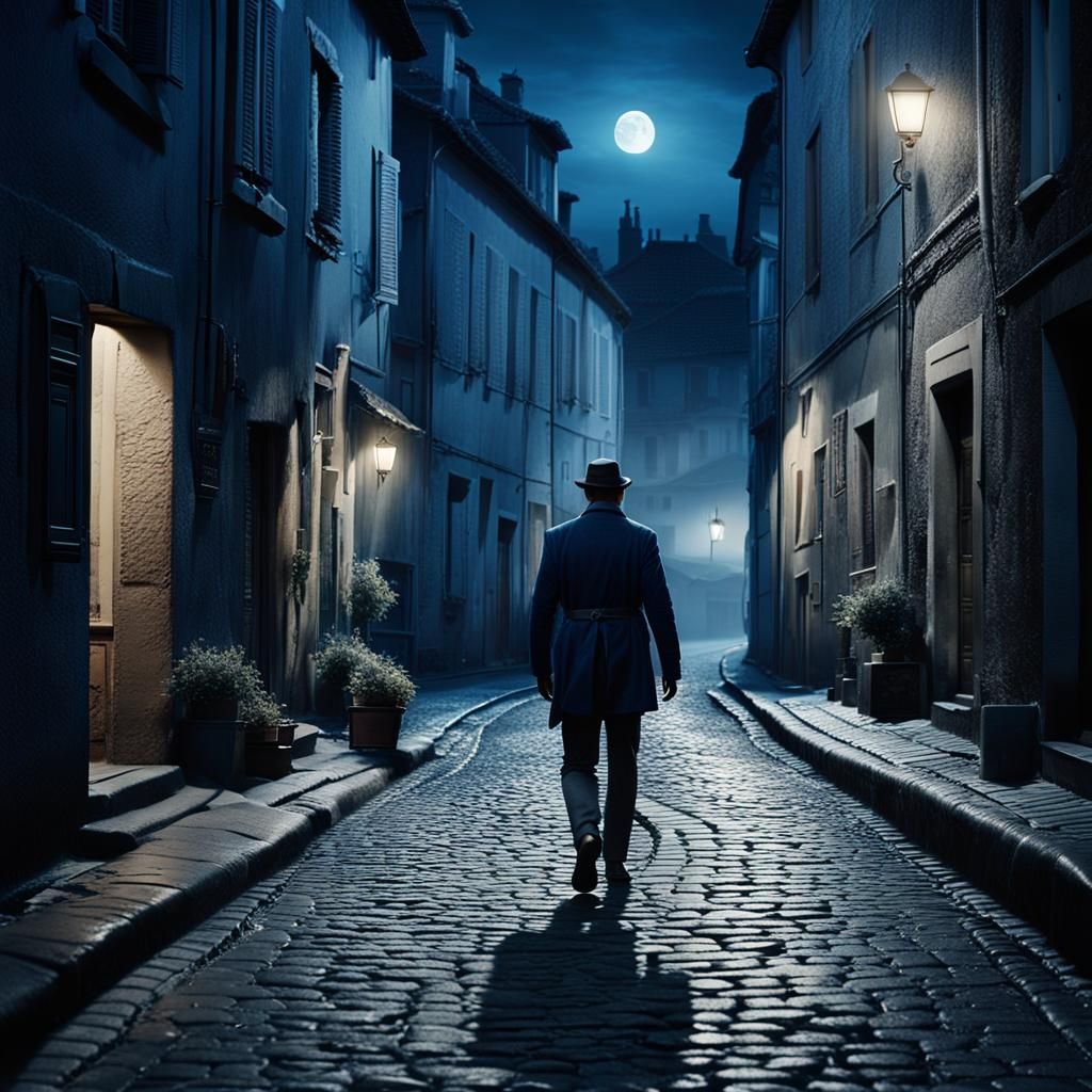 Film Noir: Man Walks a French Street at Night