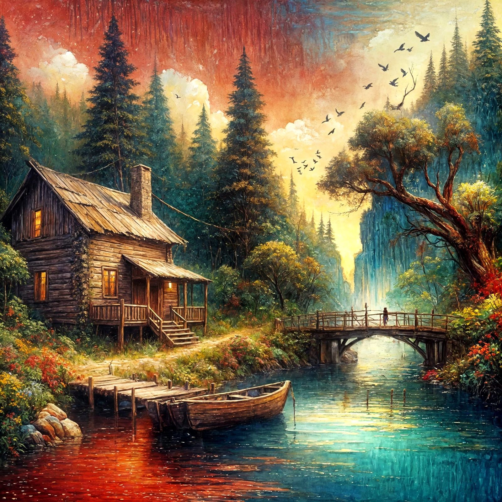 Watercolor Boat Cabin in Forest, Neo-Impressionistic Style