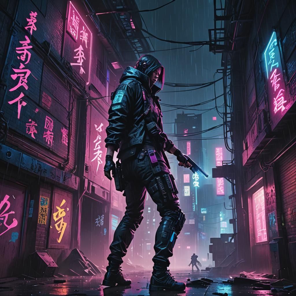 Cyberpunk Assassin Scaling Abandoned Building