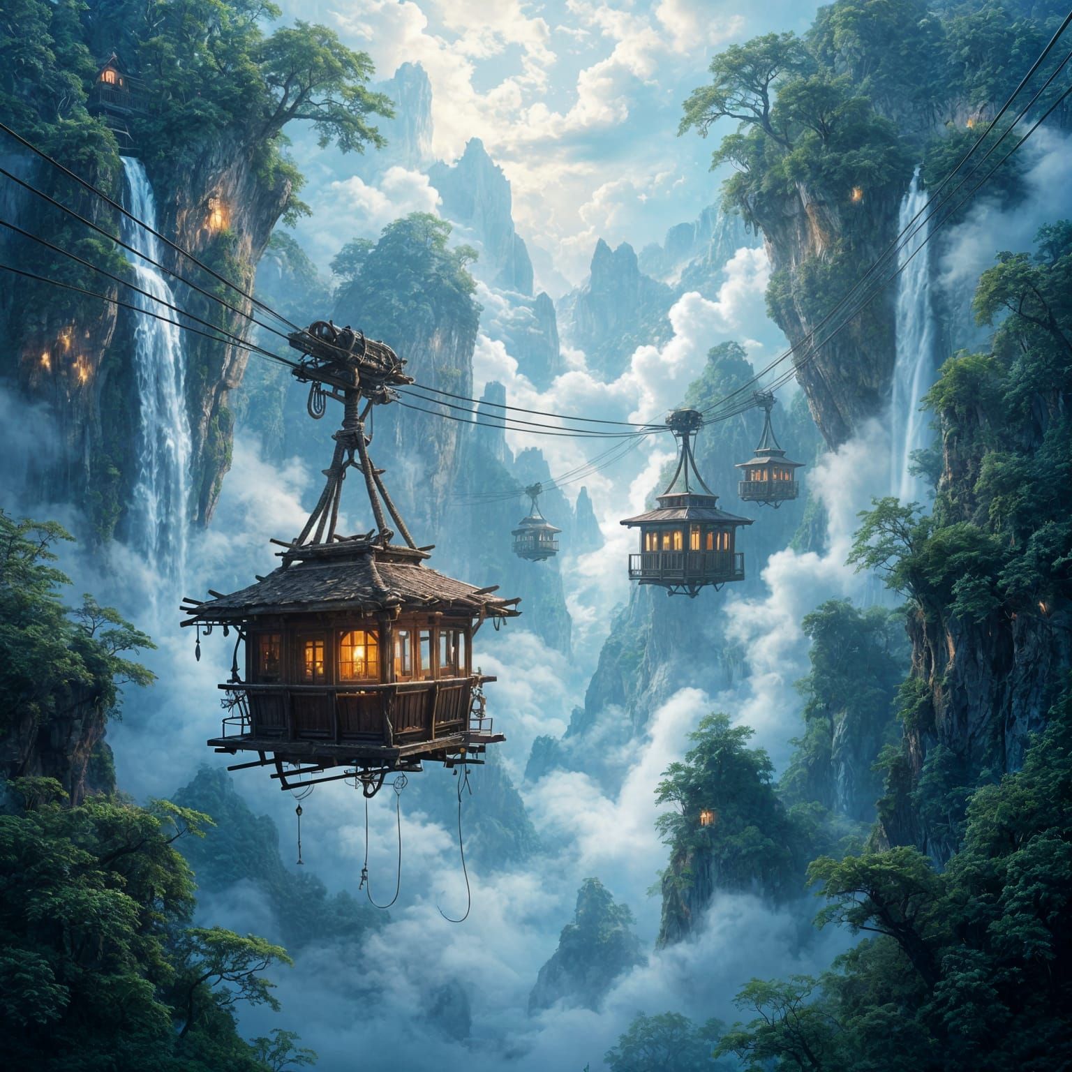 Ancient Cable Cars Connect Floating Islands in Misty Sky