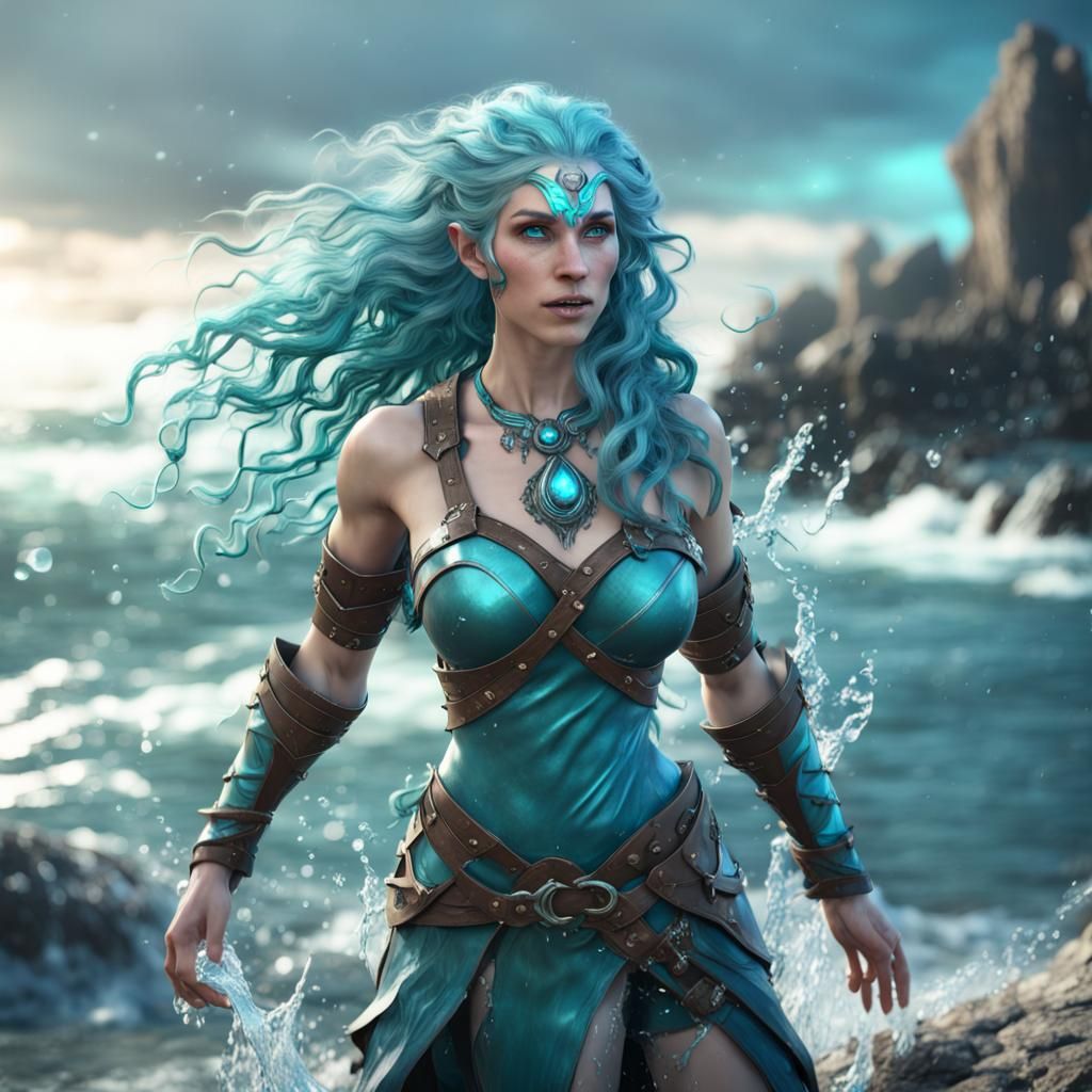 Water Genasi Druid on Rocky Shoreline in 3D