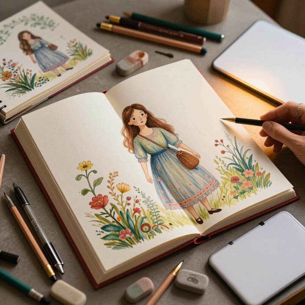 For drawing I use my sketchbooks, pens, drawings pencils, erasers and my light pad