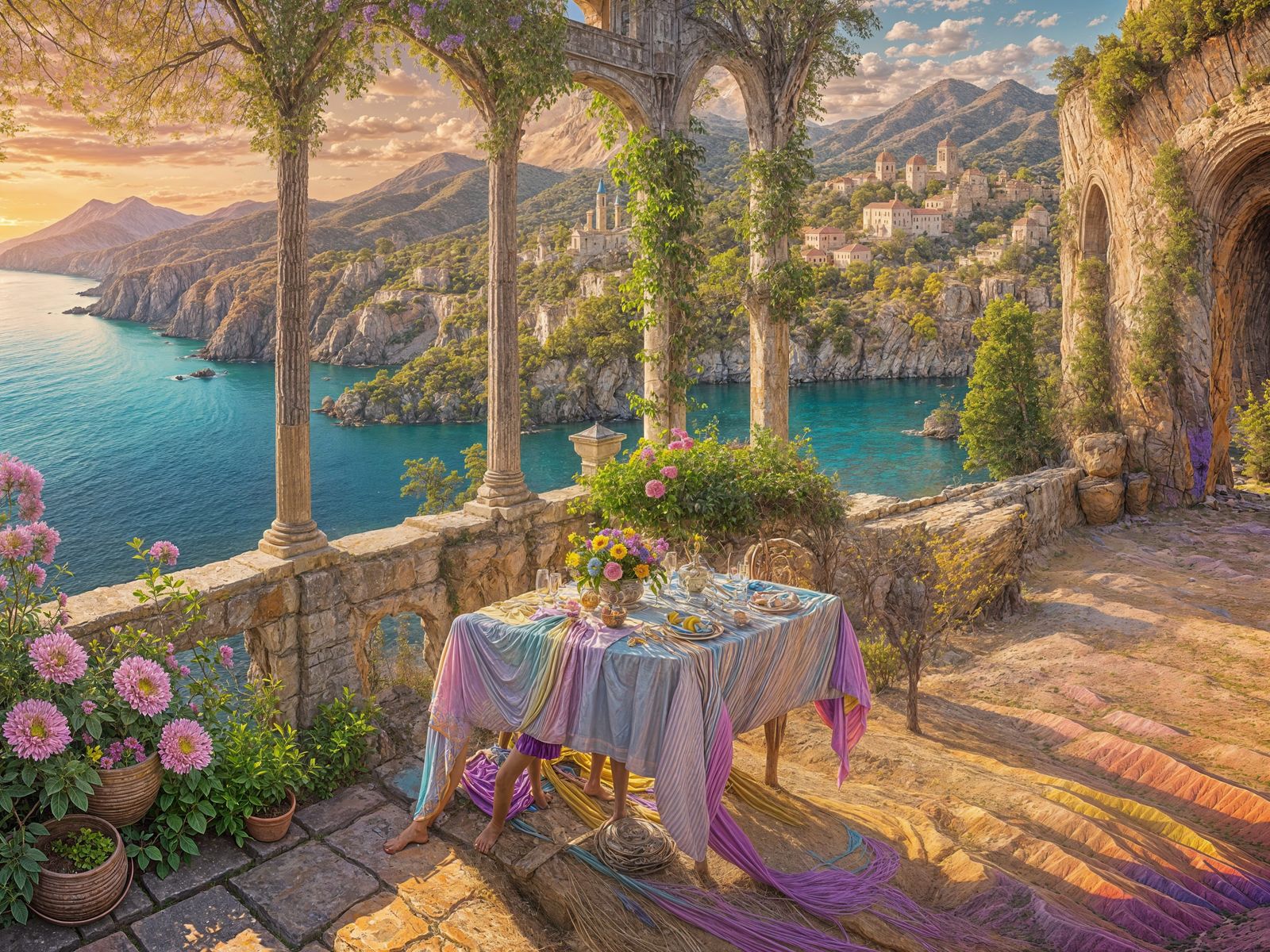 Elegant Couple on Sicilian Terrace Overlooking Mediterranean...