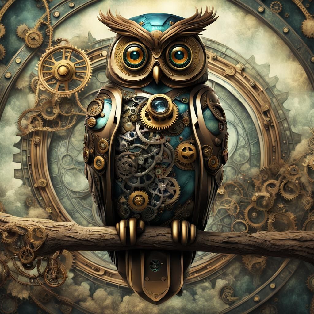 Steampunk Owl in Industrial Fantasy Landscape