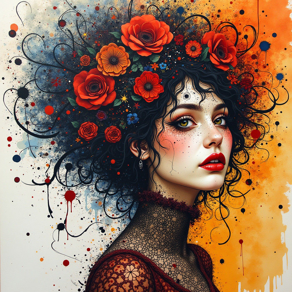 Intricate Ink Splatter Art Nouveau Woman