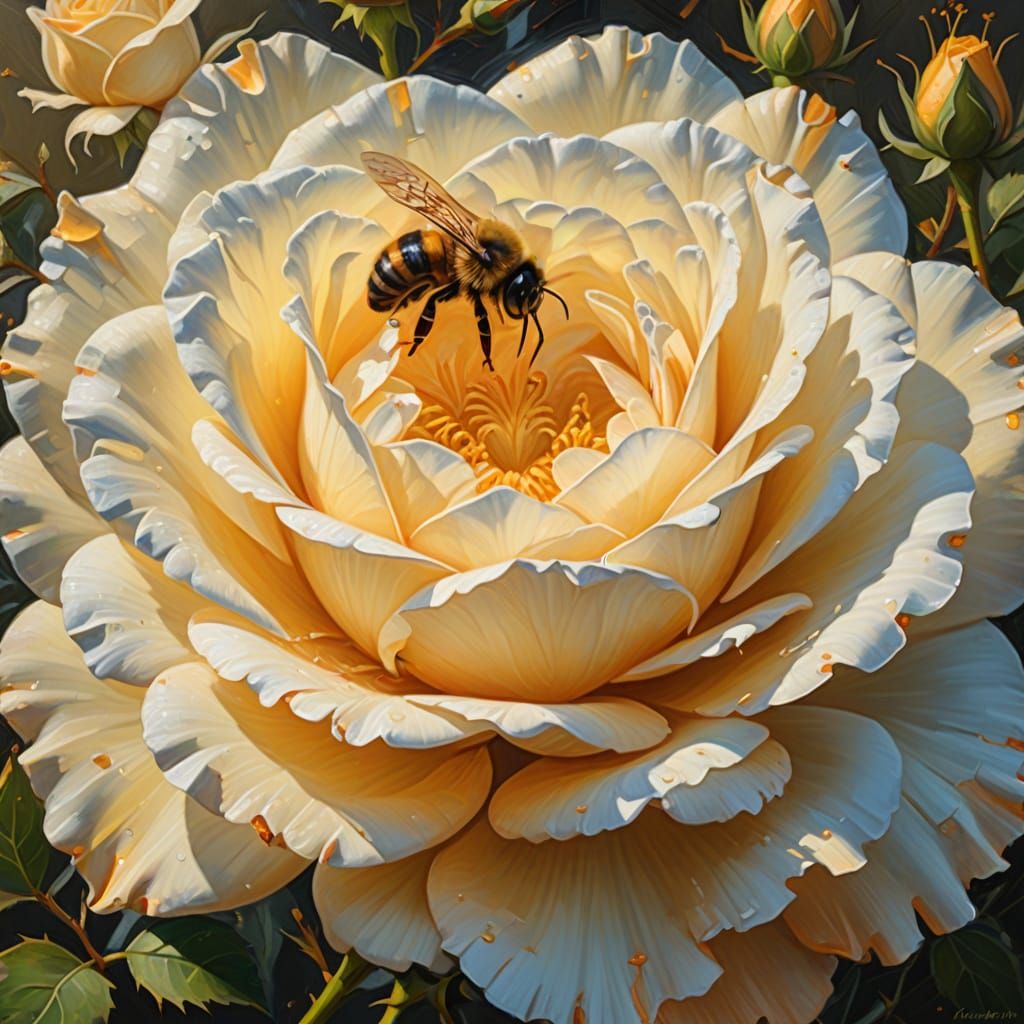 Bee landing inside a white Rose