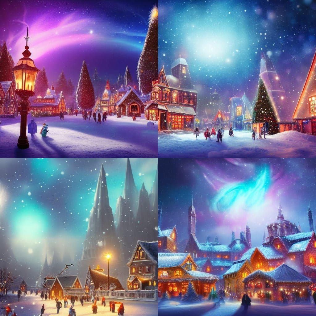 Christmas Winter Village Under Nebula Sky