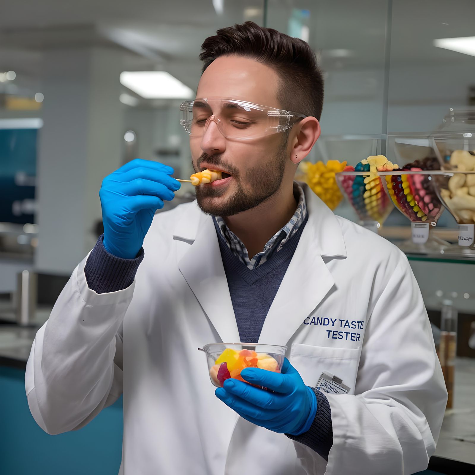 Man in Lab Coat Tasting Candy