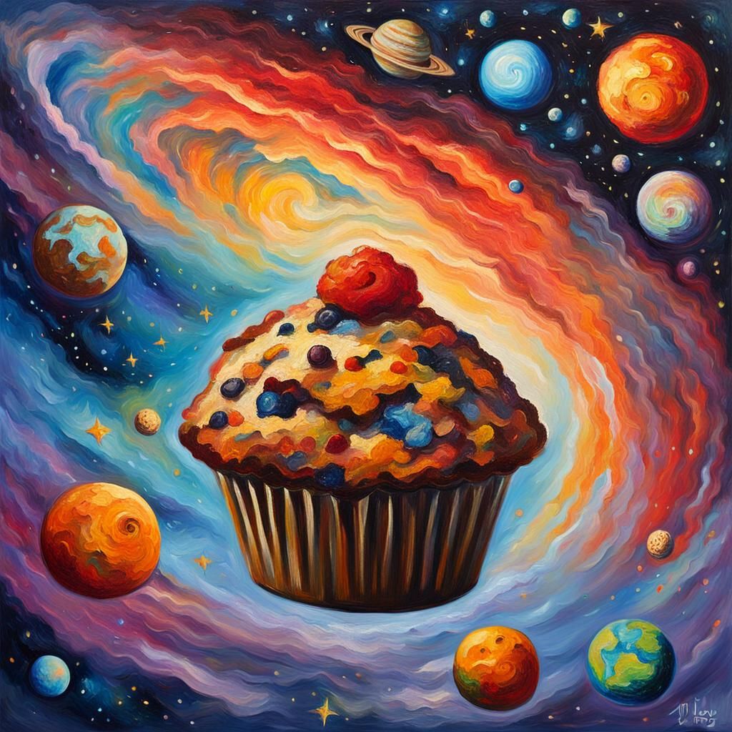 Muffin's Cosmic Flight: An Expressionist Oil Painting