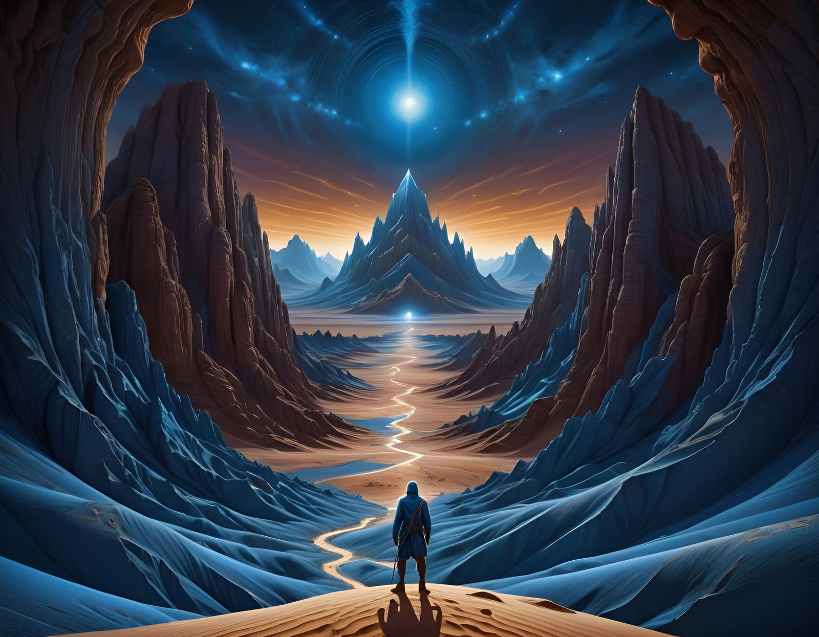 Blue Desert Nomad in Volumetric Lighting