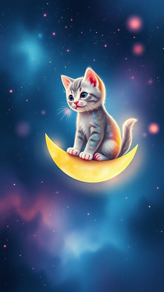 Stardust Kitten on Crescent Moon Amidst Galaxies
