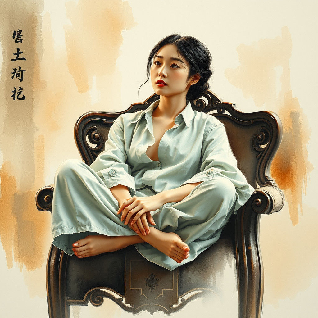 A Korean woman lies languidly on a chair, cross-legged, wearing an oversized, unbuttoned shirt...