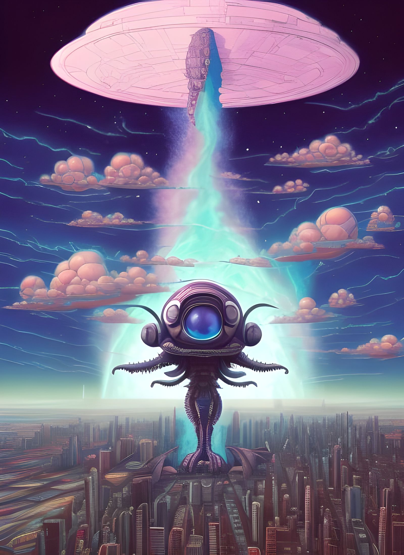 Terrifying Alien Monster and UFO Over City