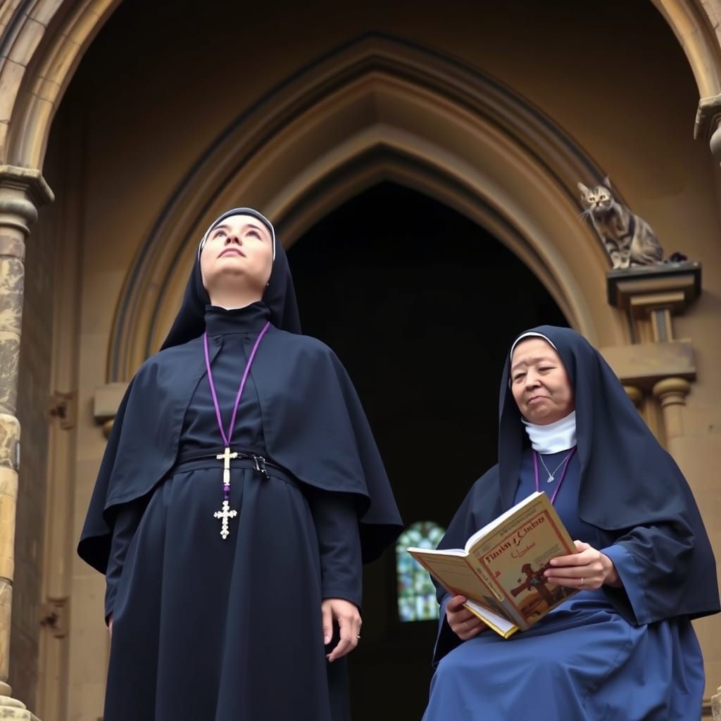 Nuns Contemplate Under Gothic Arch
