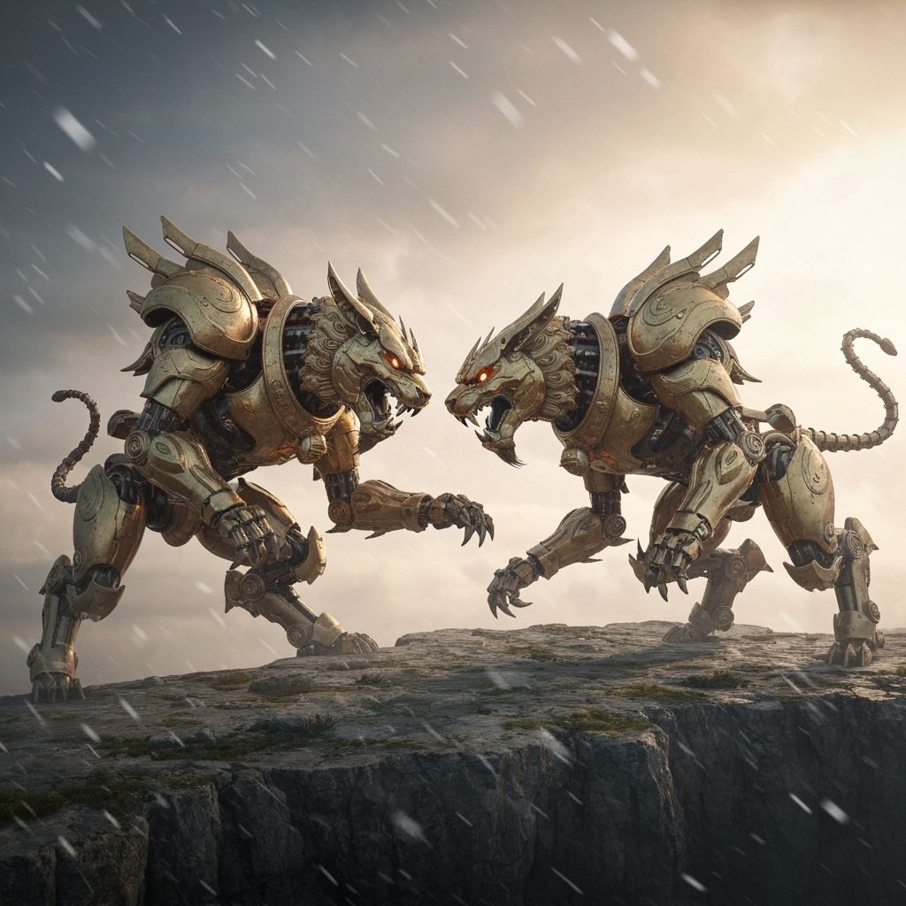 Golden Guardian Lion Mecha Battle on Cliff