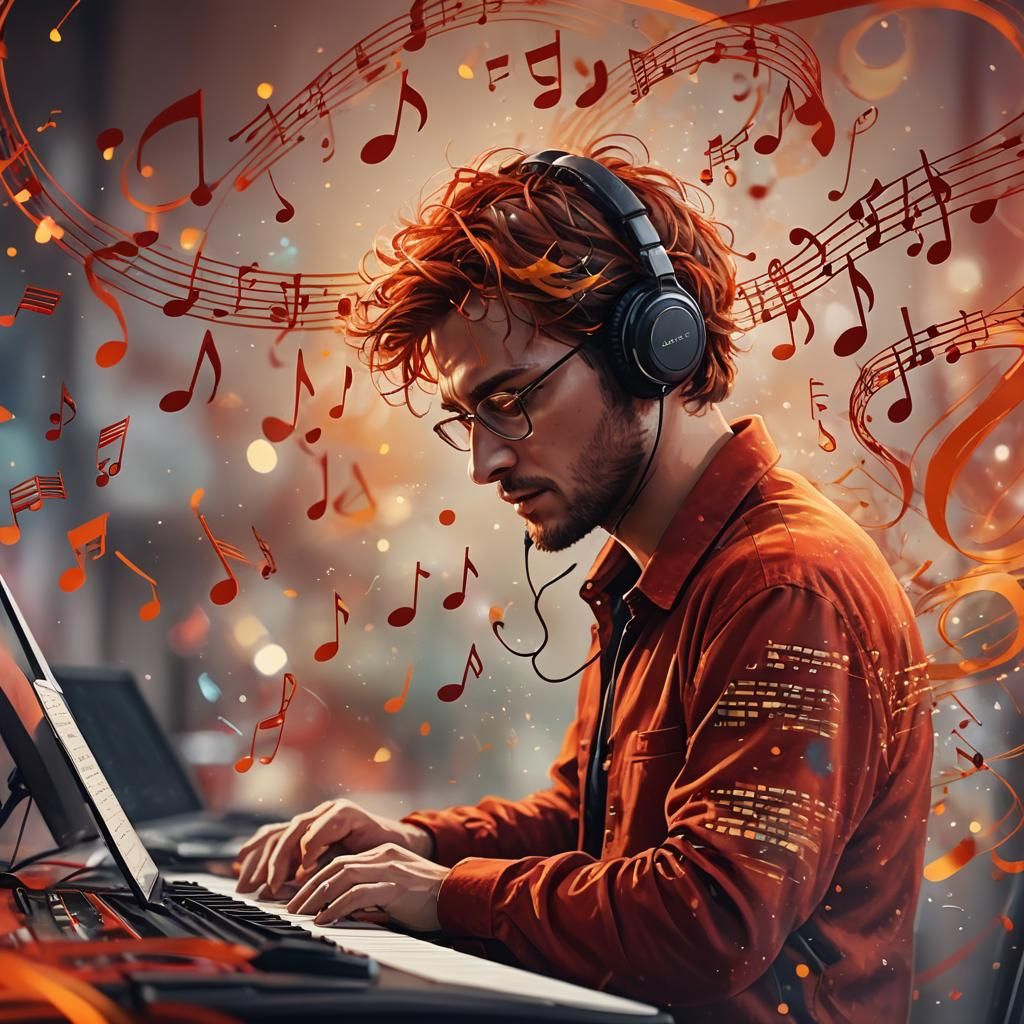 Musician Composing Music in Red and Orange Hues