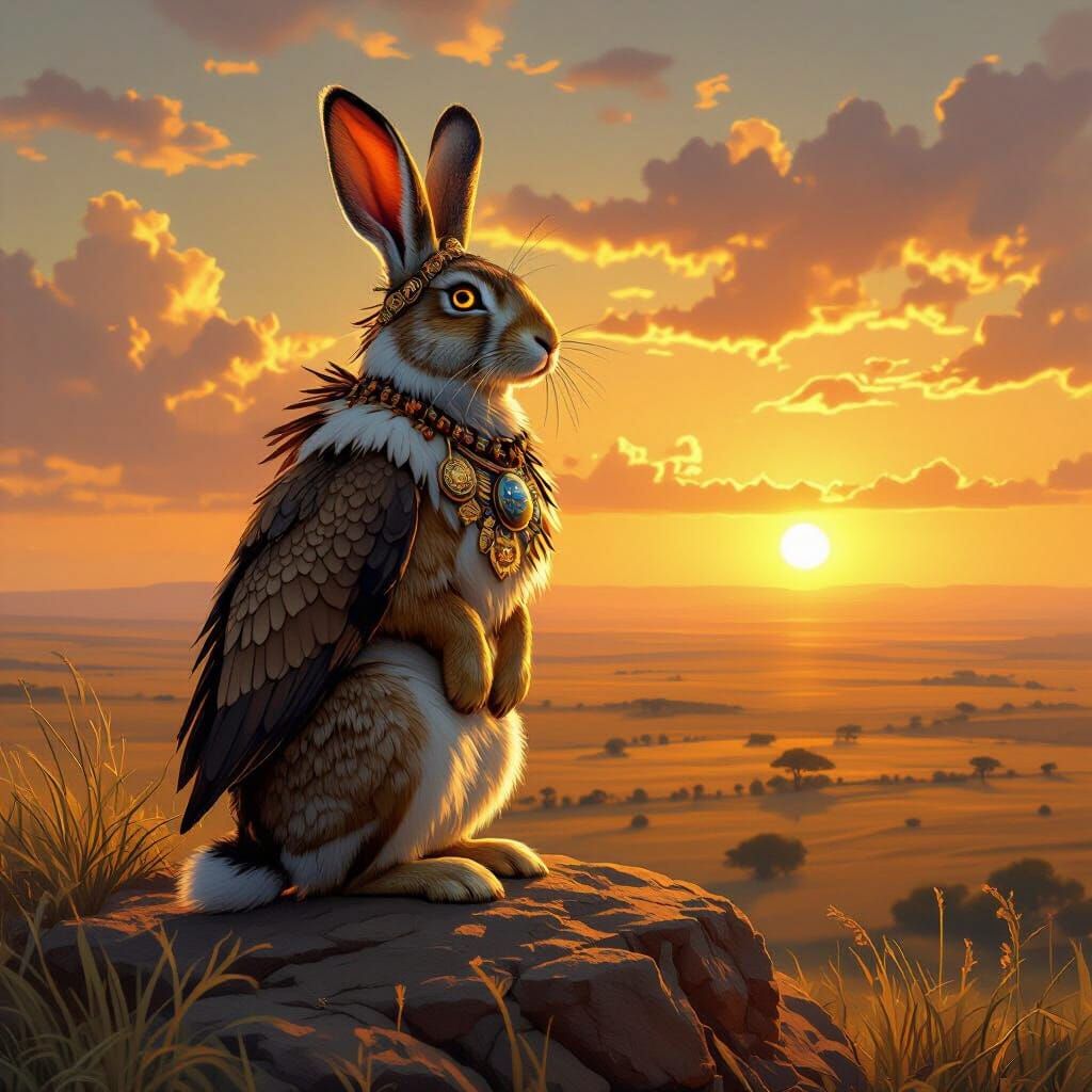 Rabbit with Eagle Adornments on Savannah, Digital Painting