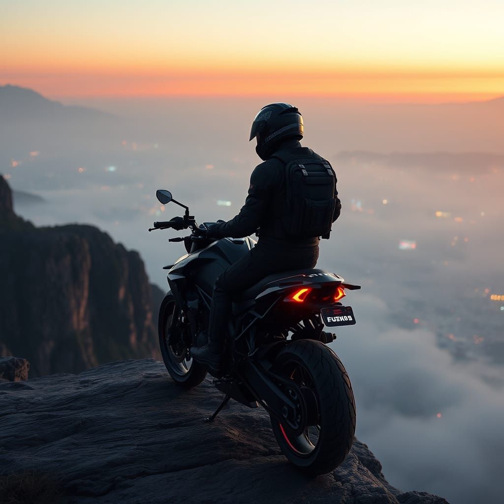 Cyberpunk Motorcyclist Overlooking Misty City at Dawn