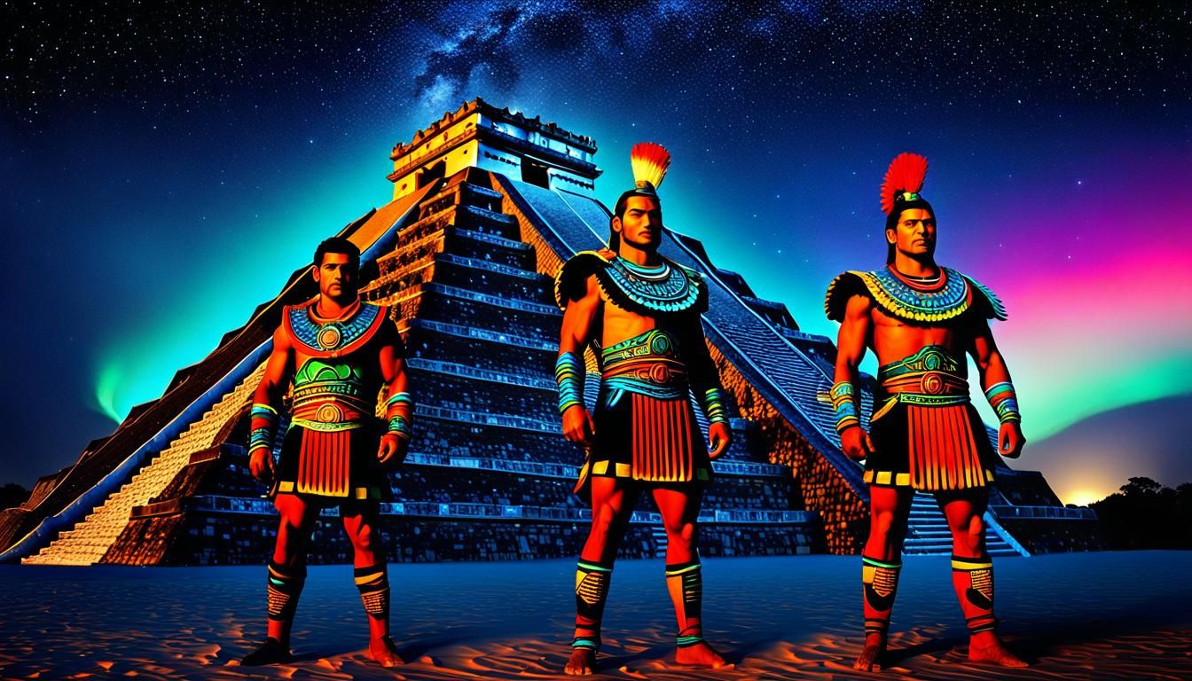 Aztec Warriors at Kukulcán Temple in Bioluminescent Night
