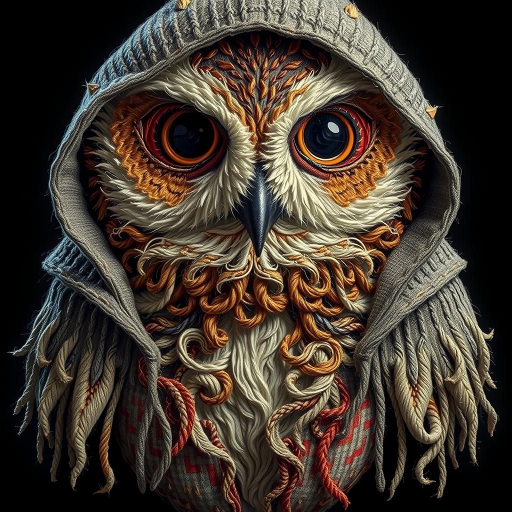 Hand-Embroidered Owl with Hoodie in 8K Hyperrealism